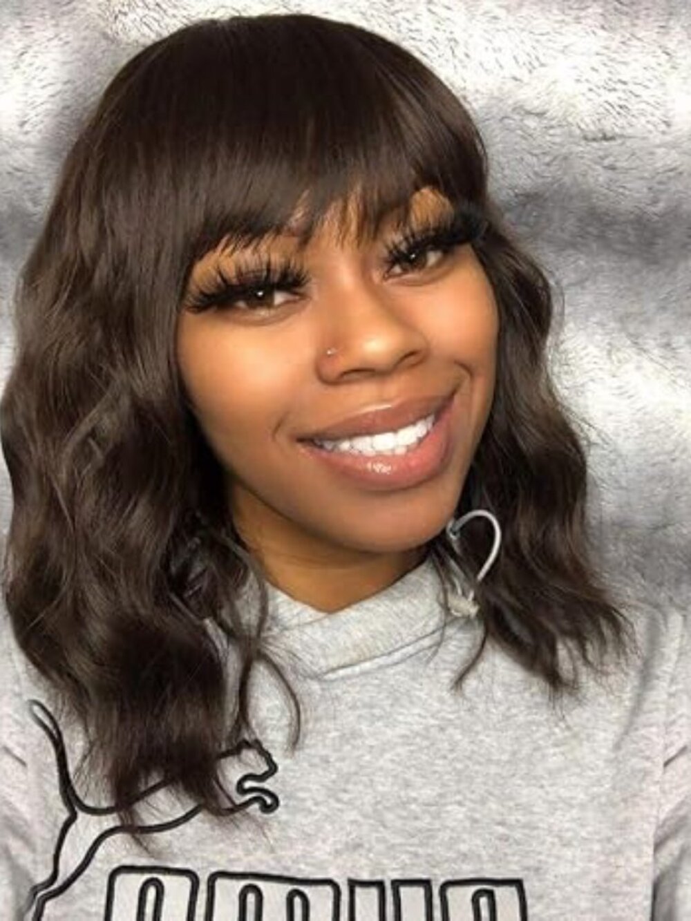Short Curly Wig with Bangs for Women 14 Inches Dark Brown Wavy Bob Wig